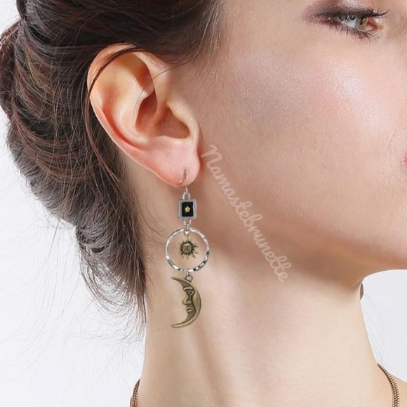 Metal Boho Celestial Sun Moon Star Dangle Earrings - Picture 13 of 17